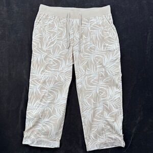 Palm Rio Womens 1X Tropical Palm Leaf Print Cropped Capri Pants Beige White
